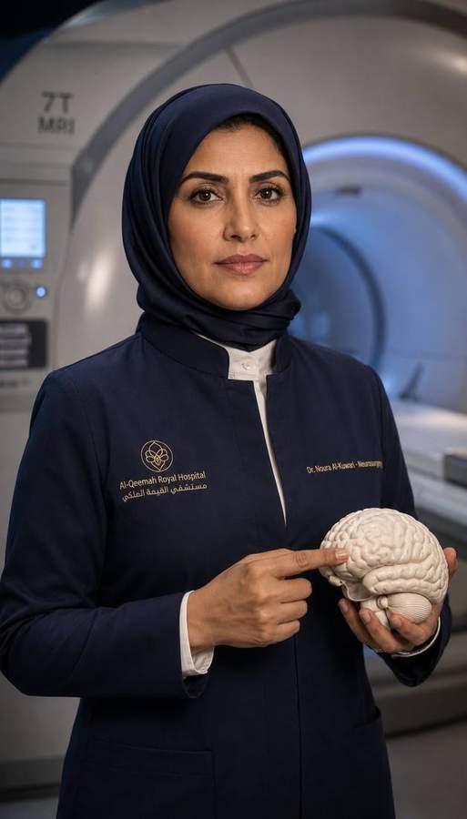 د. نورة الكواري، رئيسة قسم جراحة الأعصاب، أمام جهاز الرنين المغناطيسيِّ بقوَّة سبعة تسلا